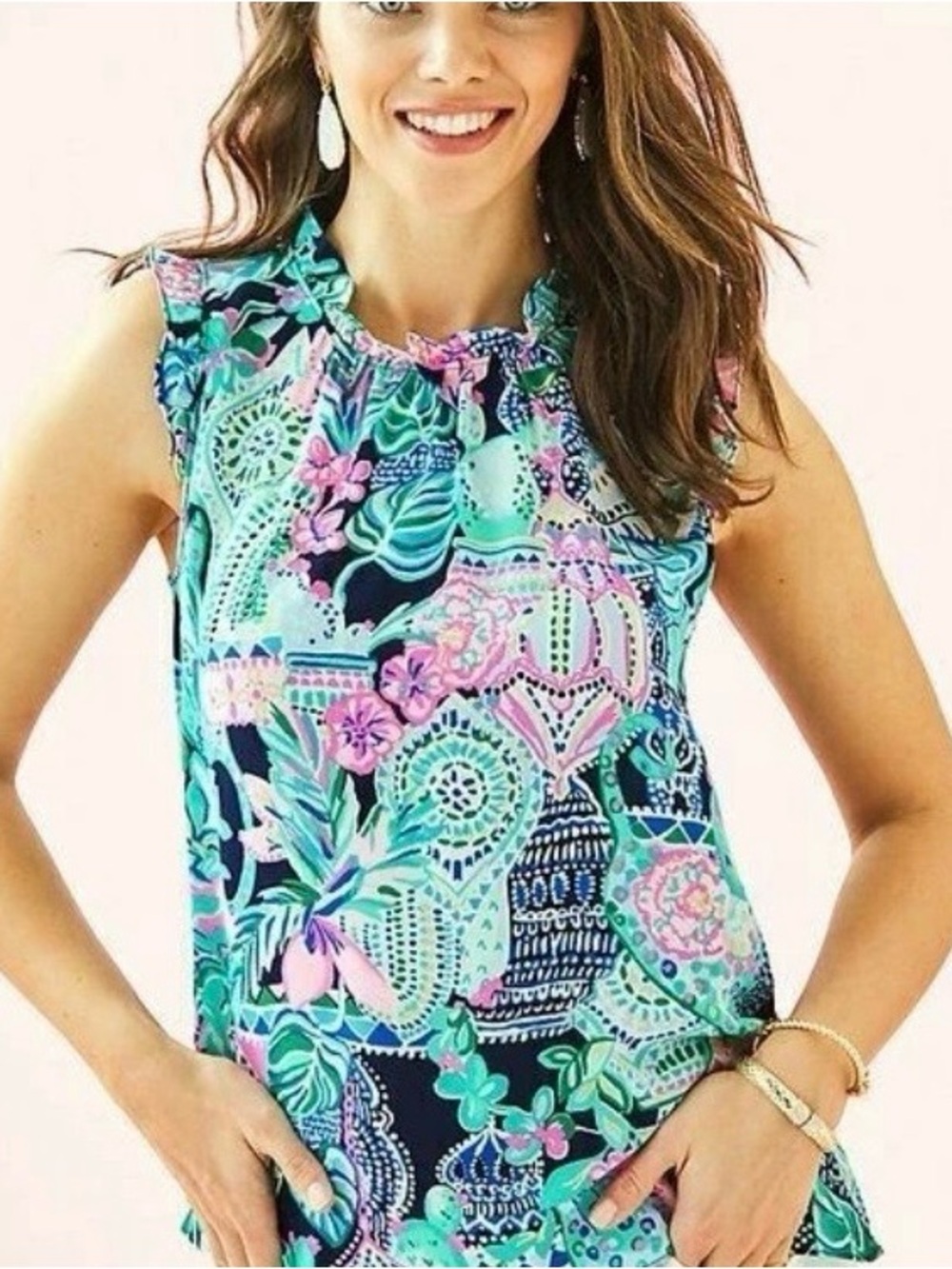 Lilly Pulitzer Talisa Ruffle Top in the "Looking Sharp" Print Size Medium - Picture 2 of 8